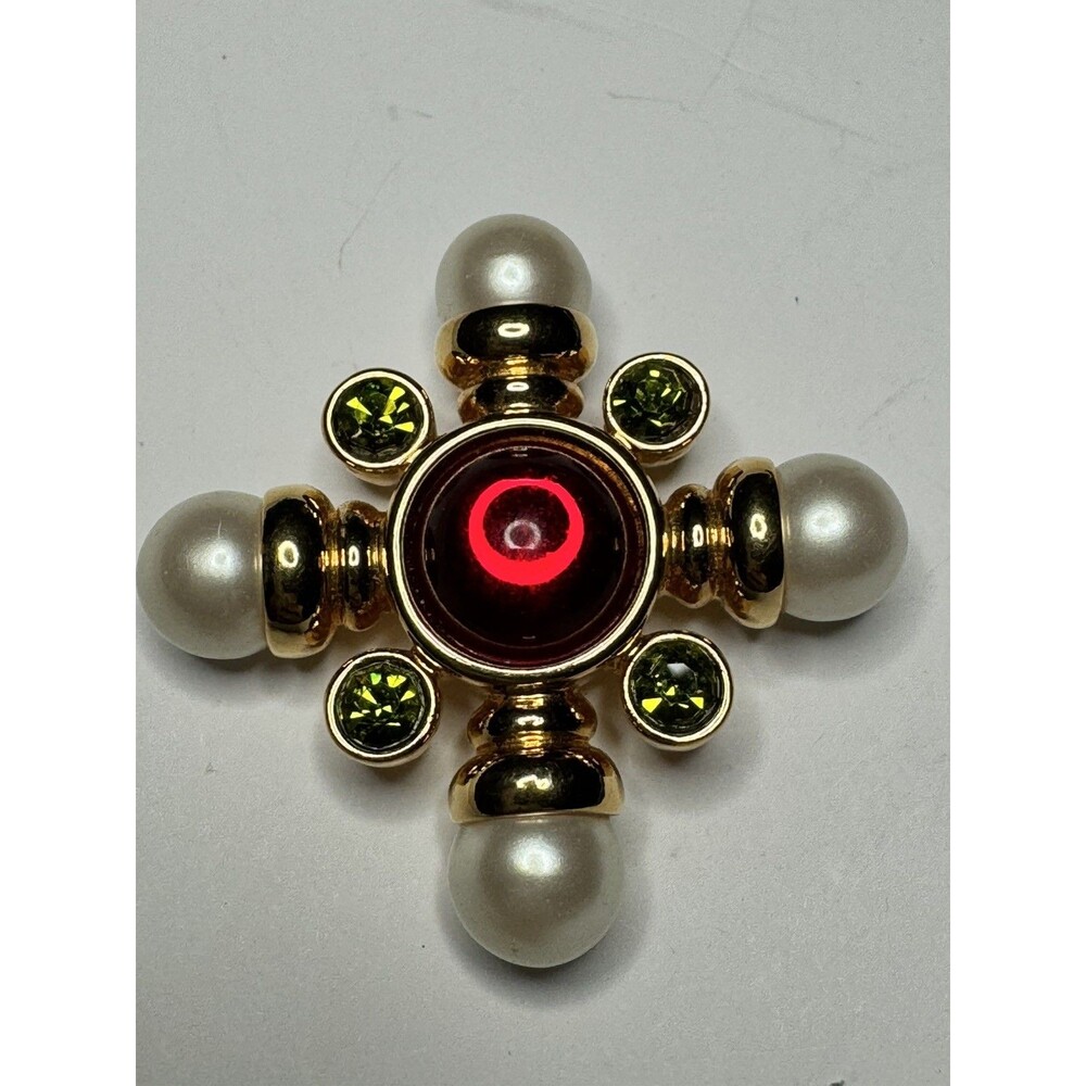 Vintage Avon Mogul Maltese Cross Brooch Red Cabochon Green Stones Faux Pearls